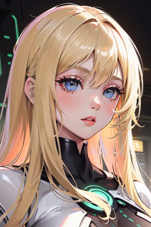 )a thin woman with long blonde hair, woman has green eyes, pink sexy sci-fi outfit) best quality, adorable, ultra-detailed, illustration, complex, detailed, extremely detailed, detailed face, soft light, soft focus, perfect face. illustration:full body