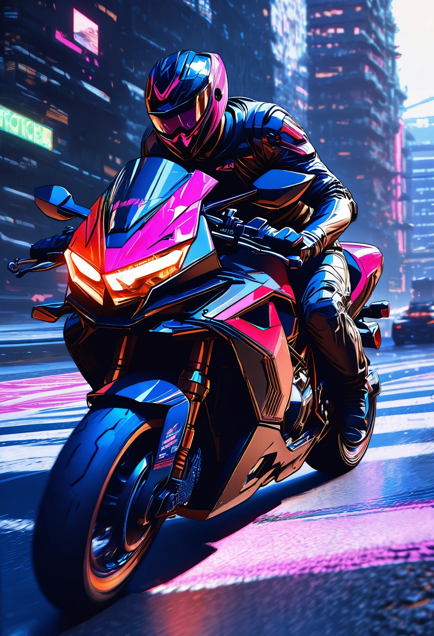 detailed cyberpunk motorcycle, futuristic motorcycle, riding on the road, motorcycle from behind, 1 person on motorcycle, intricate details, high resolution, 8k, Photorealistic, hyper detailed, cinematic lighting, Dynamic motion blur, gritty urban environment, neon lights, shiny cyber elements, chrome details, worn texture, wick inspired design, complex machinery, industrial urban landscape, Changing Color Palette, (Best Quality,4k,8k,high resolution,Masterpiece:1.2),ultra detailed,sharp focus,(realist,photorealist,fotorrealista:1.37), Extremely fine,intricate details,intense lighting,dramatic lighting,lighting change,cinematic lighting,chiaroscuro lighting,dramatic shadows,dramatic moments,vivid colors,intense colours,deep contrast,cinematic depth of field,cinematographic composition,cinematic camera angle