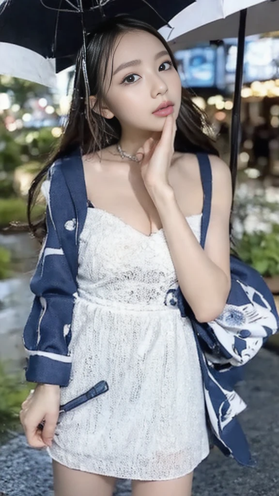 Wearing a white dress,The background is a rainy city