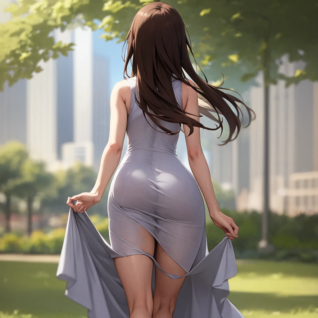 a woman with brown hair, wearing sleeveless cream dress, floral patterns on dress, walking alone at park, pronounced hips, swaying hips, from behind.