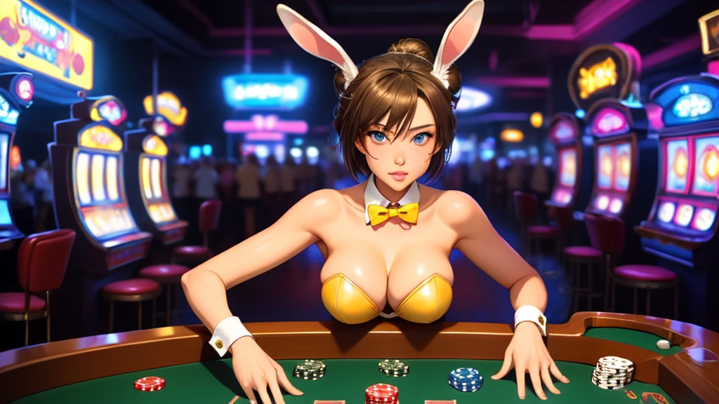 masterpiece, best quality, 1girl, solo, looking at viewer, breasts, mature female, collarbone, janeporter, short hair, hair bun, playboy bunny, detached collar, fake animal ears, rabbit ears, rabbit tail, cyberpunk, neon lights, indoors, casino, table game, yellow leotard, bowtie, depth of field,