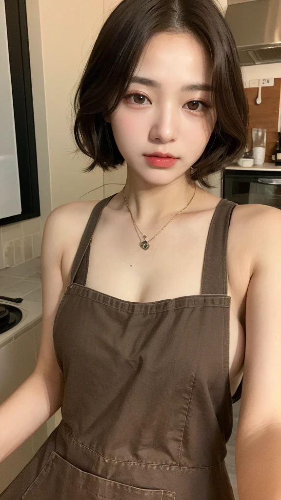 (best quality, 8K, masterpiece: 1.3), Beautiful Women in Perfect Shape: 1.4, Dark brown hair, Wearing a Pendant, Wearing an apron, In the kitchen, Highly detailed face and skin, Delicate eyes, Double eyelids, Large Breasts