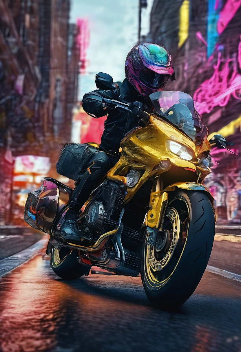 detailed cyberpunk motorcycle, futuristic motorcycle, riding on the road, motorcycle from behind, 1 person on motorcycle, intricate details, high resolution, 8k, Photorealistic, hyper detailed, cinematic lighting, Dynamic motion blur, gritty urban environment, neon lights, shiny cyber elements, chrome details, worn texture, wick inspired design, complex machinery, industrial urban landscape, Changing Color Palette, (Best Quality,4k,8k,high resolution,Masterpiece:1.2),ultra detailed,sharp focus,(realist,photorealist,fotorrealista:1.37), Extremely fine,intricate details,intense lighting,dramatic lighting,lighting change,cinematic lighting,chiaroscuro lighting,dramatic shadows,dramatic moments,vivid colors,intense colours,deep contrast,cinematic depth of field,cinematographic composition,cinematic camera angle