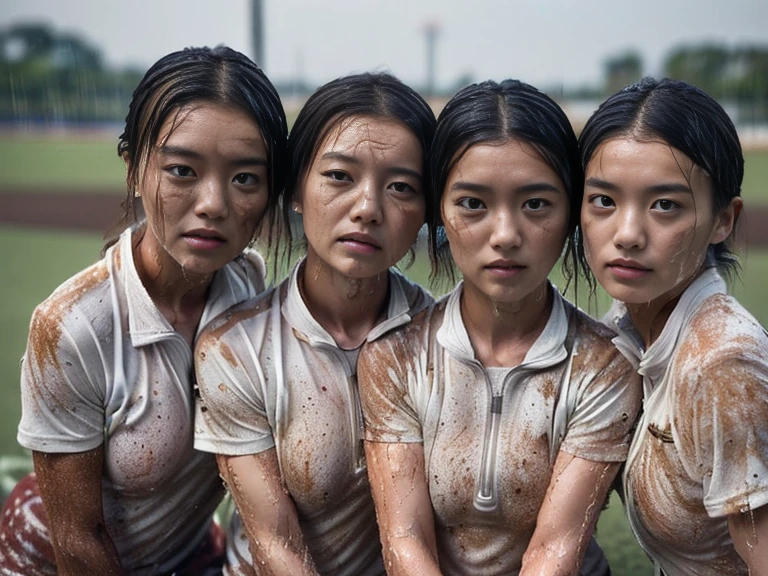 (A plain white short sleeved dirt stained field hockey uniform with a very tight white half zip:1.7)、(A large, dirt-stained, white, square collar: 1.6)、(Red clay ground:1.5)、My hair is wet and messy、(Beautiful Japanese woman covered in dirt:2.0)、Highest quality, masterpiece, Ultra-high resolution, Photorealistic, Raw Photos,Detailed face,(All women with muscular arms:2.0), (Fastener open: 1.8), (Upper body zoom up:1.0),(Everyone wears the same clothes:1.0), All members are super beauties, (Three beautiful Japanese women standing in a row facing the camera: 1.5), (Hair tied up: 1.4), (Exhausted expression: 2.0), Bright photo, (My whole body is drenched in rain: 1.8)