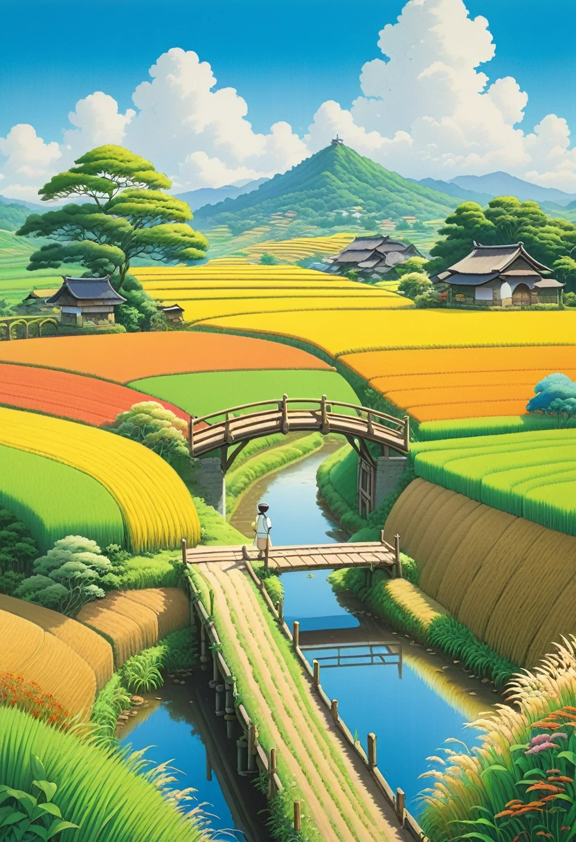 "A colorful rural landscape reminiscent of Ghibli, drawn with colored pencils. Wide rice fields and blue skies, a character standing on a small bridge, and a calm, peaceful atmosphere."