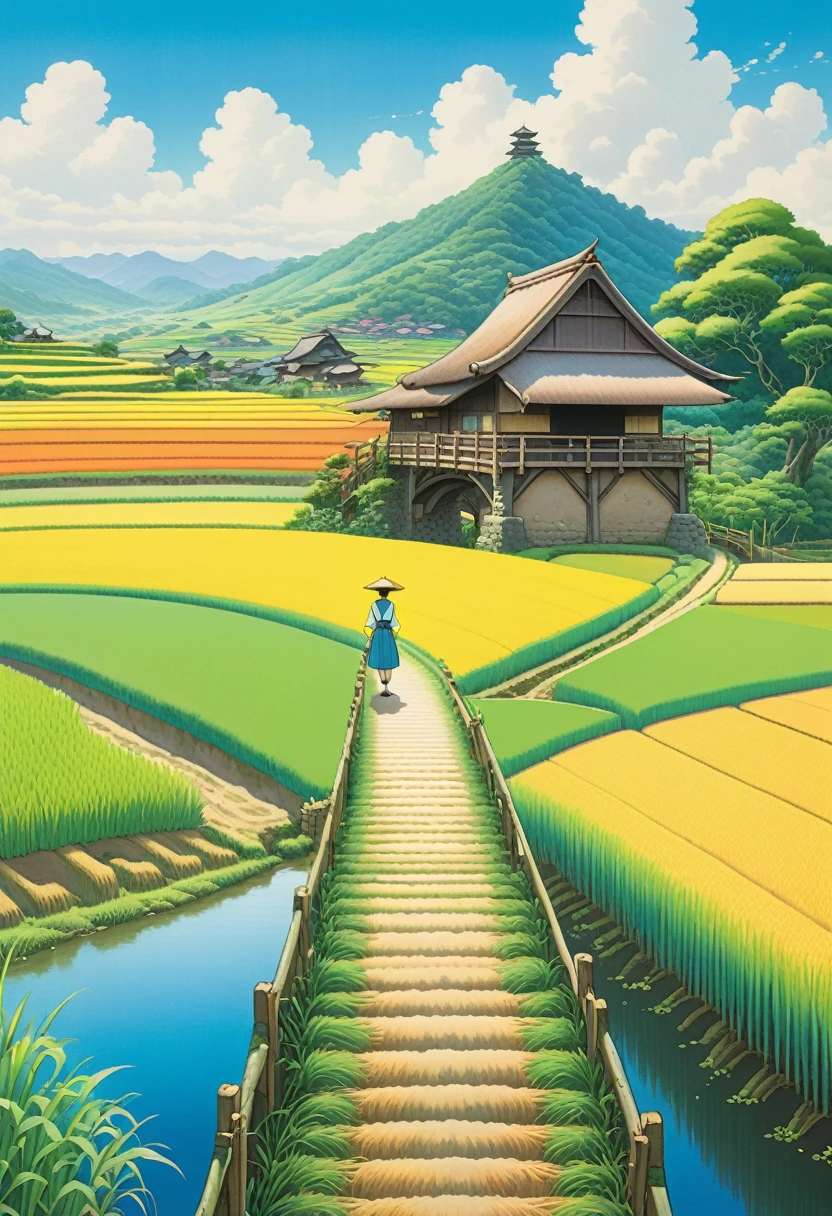 "A colorful rural landscape reminiscent of Ghibli, drawn with colored pencils. Wide rice fields and blue skies, a character standing on a small bridge, and a calm, peaceful atmosphere."