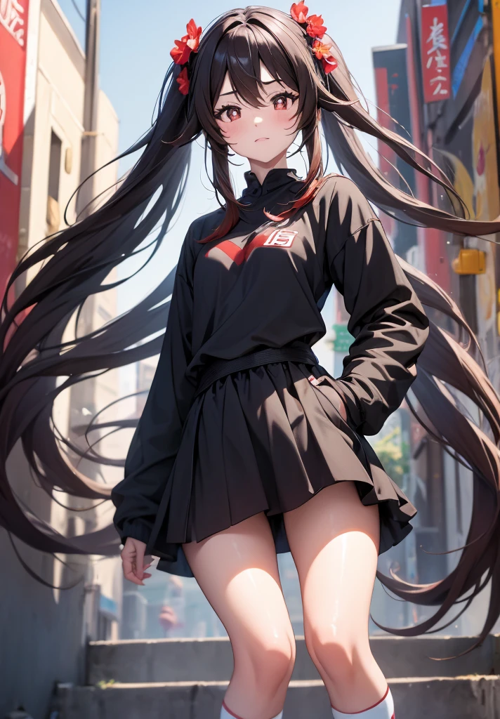 masterpiece, best quality, HuTaoV4, 1girl, solo, blush, twintails, long hair, hair between eyes, ((streetwear clothes)), city, outdoors, night, movie poster, extremely detailed 8K, smooth, high resolution, ultra quality, cinematic lighting, ambient occlusion, hd, 2k, 4k, 8k, 16k, extremely detailed anime, detailed faces, perfect composition, wide shot, atmospheric lighting, very sexy, lift skirt, random low back angle, uncensored, nsfw, sin censura
