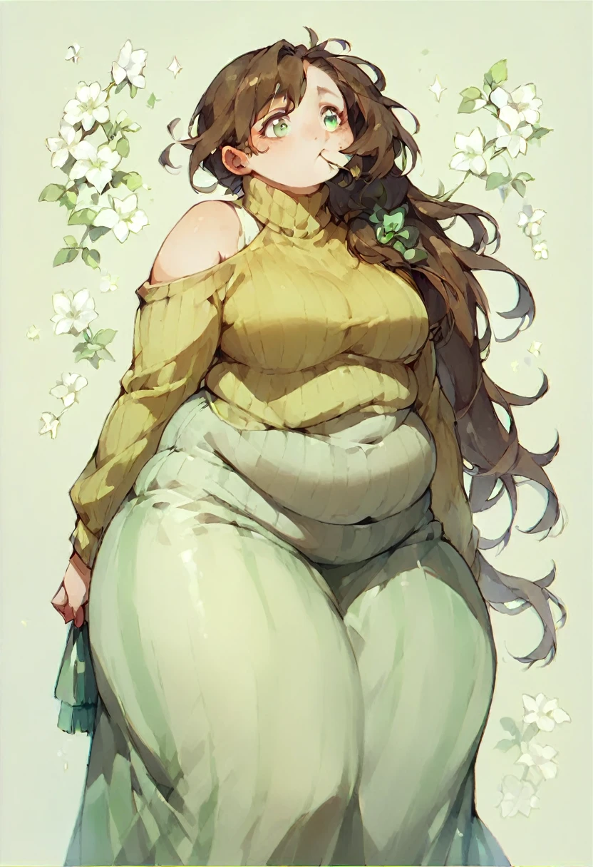 (A tall woman in her 30s,Brown Hair,Hairstyle is long side ponytail,Green Eyes,Medium chest,Wide thighs,A little bit chubby,Hair grows past the shoulders)Pale yellow vertical sweater,Light green long skirt