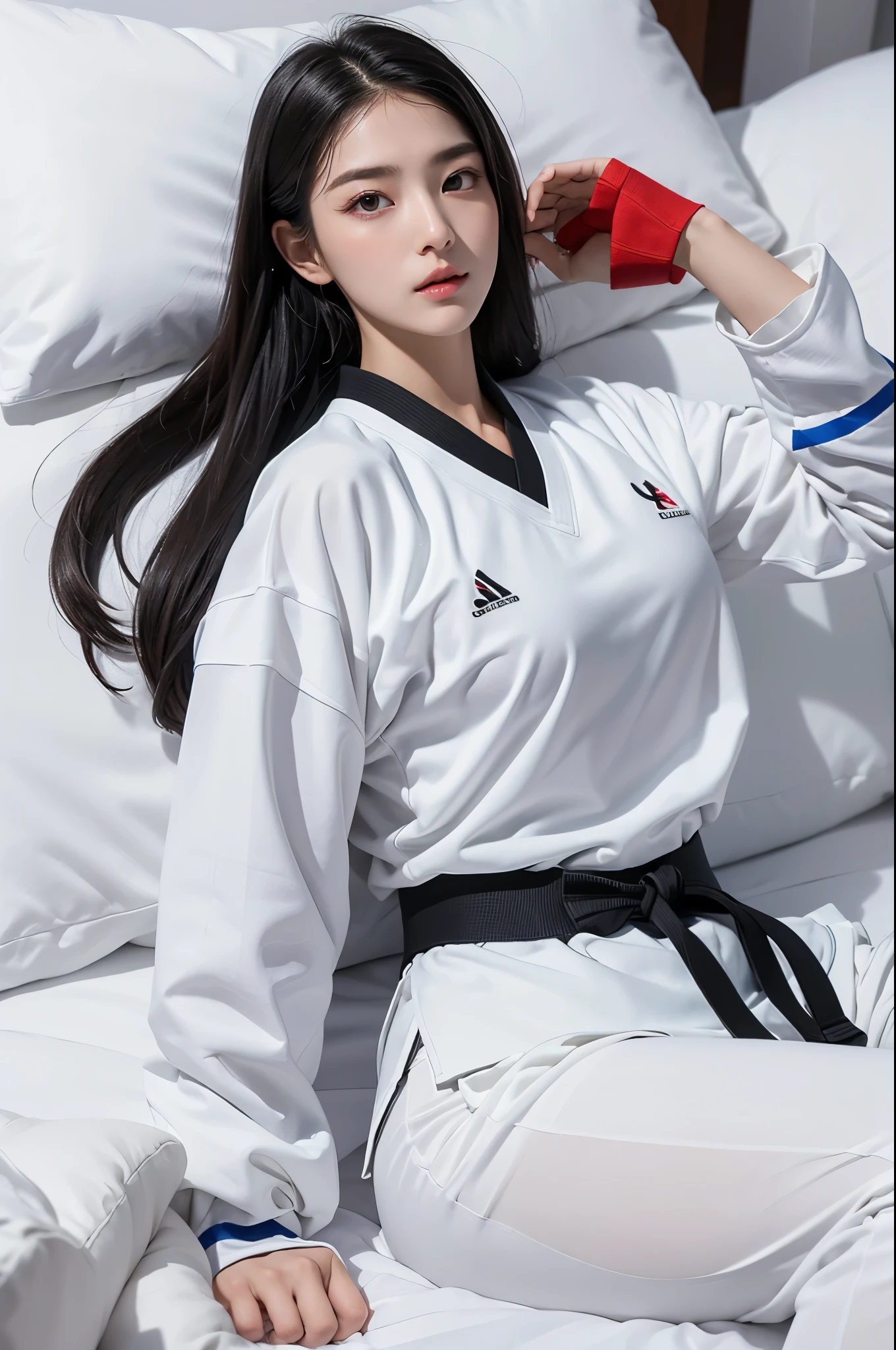 masterpiece, ultra details, best quality, 1 korean taekwondo girl, masterpiece, ultra details, best quality, black long straight hair, wearing sweaty white World Taekwondo Federation dobok uniform with black v-neck, wearing taekwondo blackbelt, wearing white martial arts pants without pockets, large sweaty butt, large breasts, laying on wet hotel bed showing butt, sweat on face
