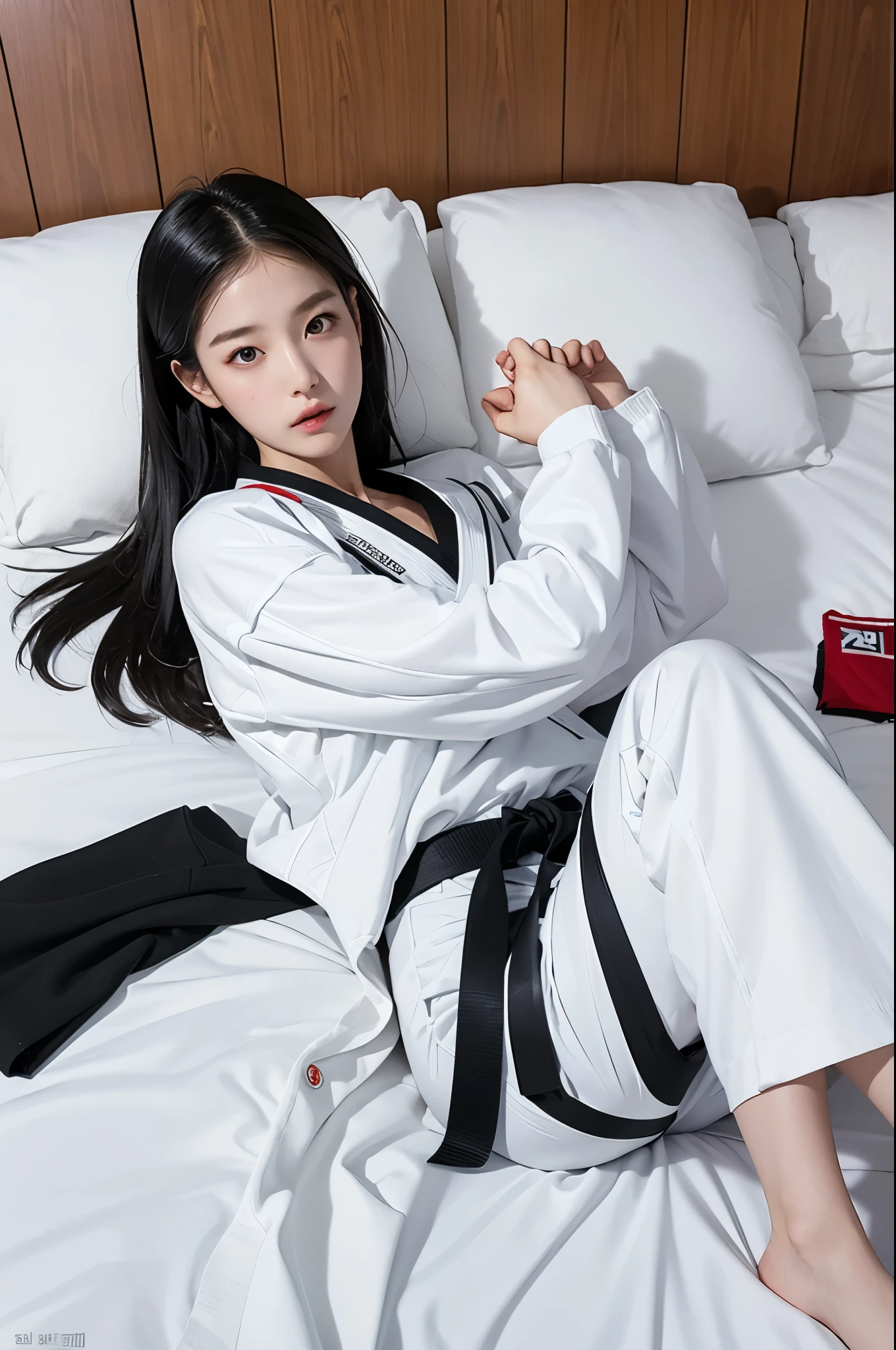 masterpiece, ultra details, best quality, 1 korean taekwondo girl, masterpiece, ultra details, best quality, black long straight hair, wearing sweaty white World Taekwondo Federation dobok uniform with black v-neck, wearing taekwondo blackbelt, wearing white martial arts pants without pockets, large sweaty butt, large breasts, laying on wet hotel bed showing butt, sweat on face