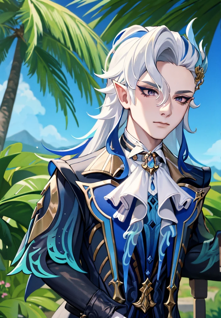 Masterpiece, Best Quality, 1boy, neuvillette, blue hair, White hair, multicolored hair, hair between eyes, pointy ears, hair ornament, topless man, muscular, as well, mar, arena, tropical island background 