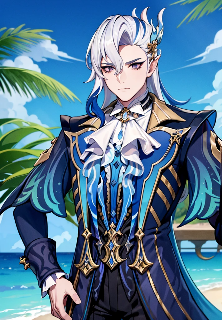 Masterpiece, Best Quality, 1boy, neuvillette, blue hair, White hair, multicolored hair, hair between eyes, pointy ears, hair ornament, topless man, muscular, as well, mar, arena, tropical island background 