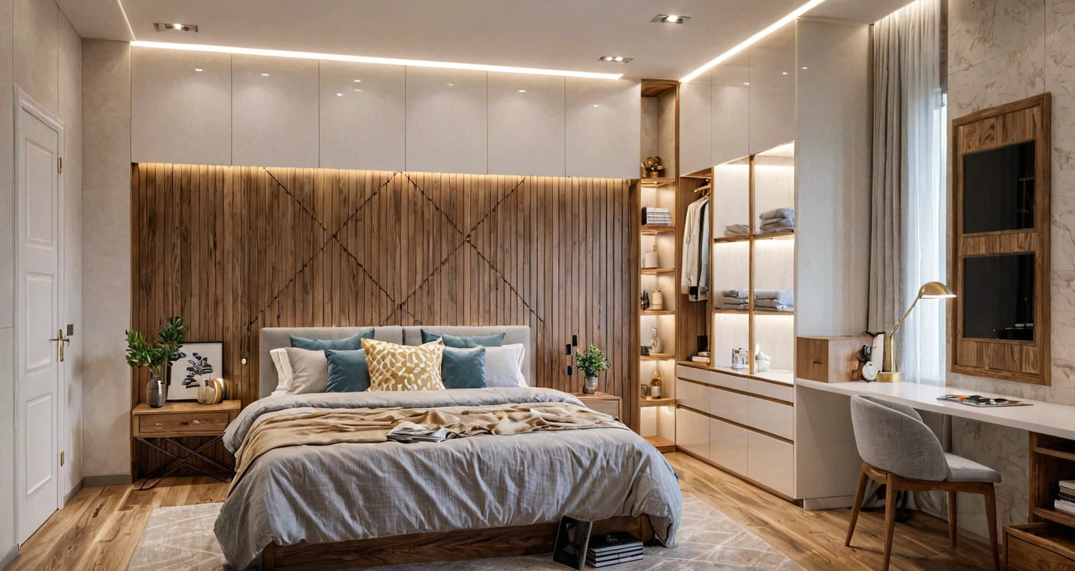 Raw photo,Masterpiece, high quality, best quality, authentic, super detail,
indoors, beed room, modern stylewhite walls, wooden floors, plaster ceilings, can lights, spotlights, beds, floor mats, bedside lamps, bedside wooden slats, wardrobes, wardrobe lights, dressing tables, cosmetic shelves on the head of the bed
,(day:1.1),realistic lighting