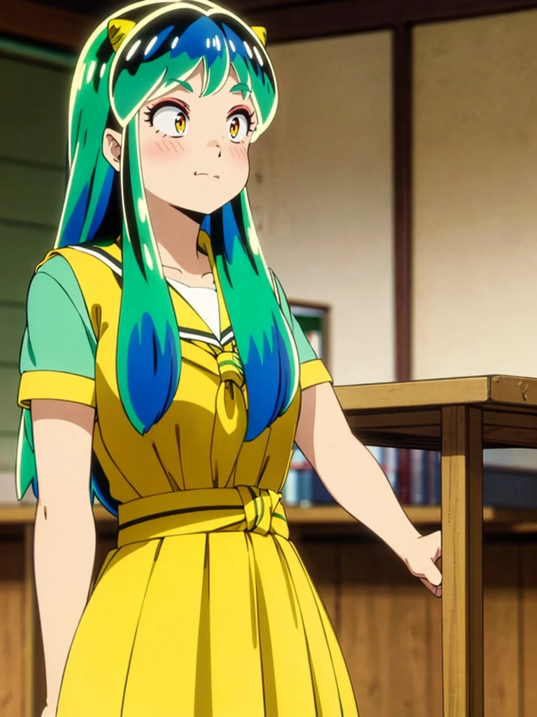 masterpiece, Highest quality, 1 Girl, Lum, Charm, 18-year-old, anime, sexy, blush, Close-up of face, Squint your eyes and laugh, Japan, Green Hair, High definition, nose blush, Sailor suit, Summer clothes, classroom, Yellow neckerchief, uniform
