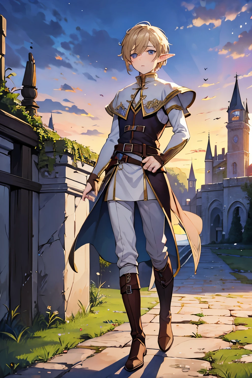 (masterpiece), best quality, expressive eyes, perfect face, boy, full body, elf, castle, twilight, vineyard in the foreground,(((boy))), pants, tunic, boots,