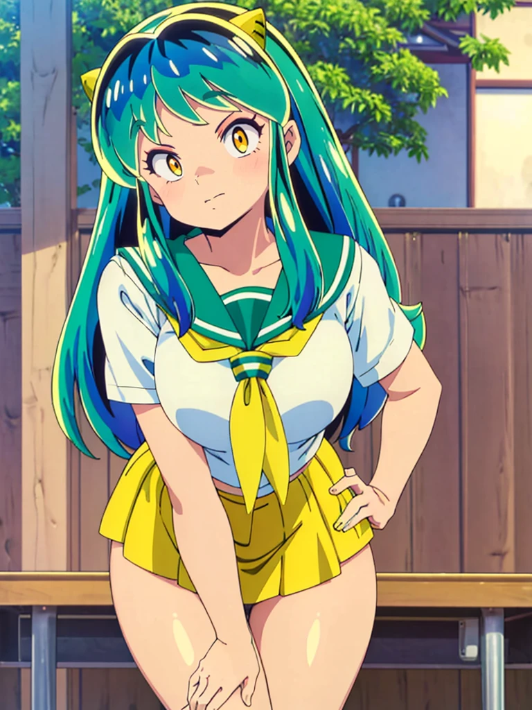 masterpiece, Highest quality, 1 Girl, Lum, Charm, 18-year-old, anime, sexy, blush, Close-up of face, Squint your eyes and laugh, Japan, Green Hair, High definition, nose blush, Sailor suit, Summer clothes, classroom, Yellow neckerchief, uniform