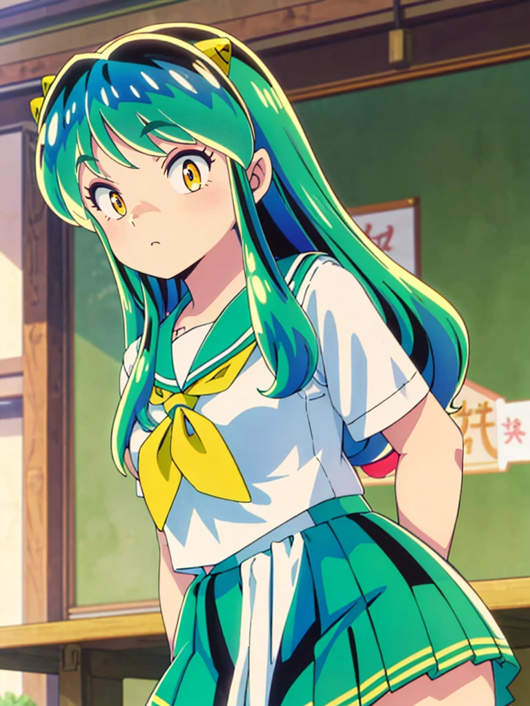 masterpiece, Highest quality, 1 Girl, Lum, Charm, 18-year-old, anime, sexy, blush, Close-up of face, Squint your eyes and laugh, Japan, Green Hair, High definition, nose blush, Sailor suit, Summer clothes, classroom, Yellow neckerchief, uniform