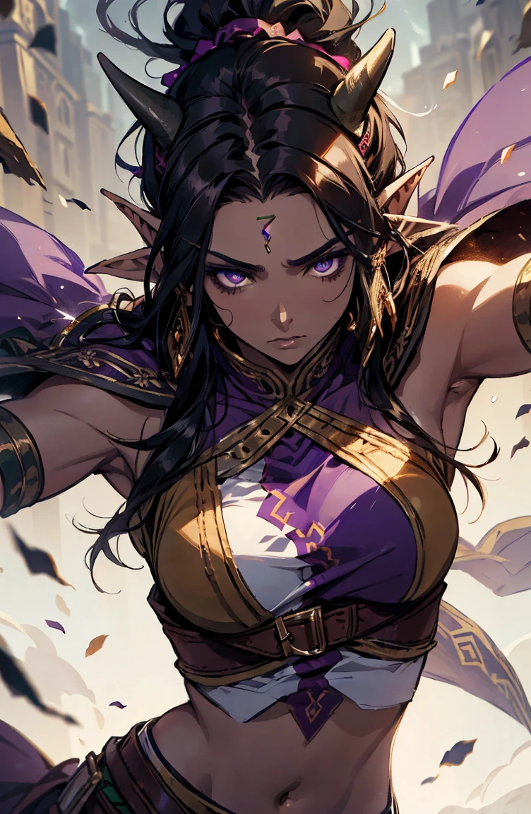 brown skin, older woman, sexy, tall, brown skin, one wing, black hair, elf, elf ears, horns, sleeveless, purple, dramatic compositions, dramatic shadows
