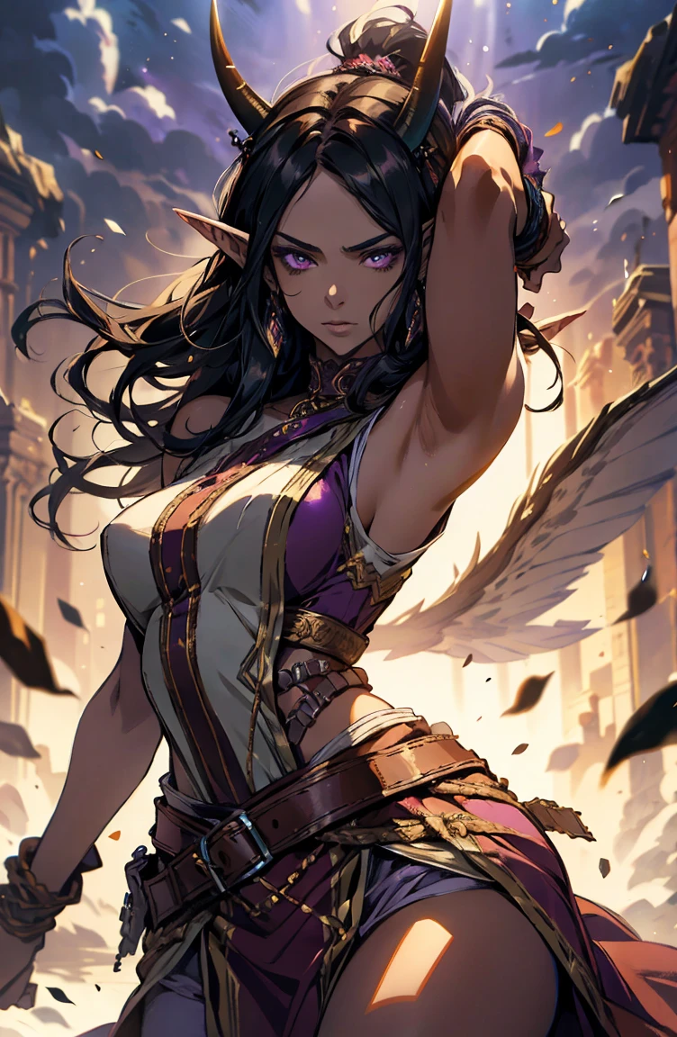 brown skin, older woman, sexy, tall, brown skin, one wing, black hair, elf, elf ears, horns, sleeveless, purple, dramatic compositions, dramatic shadows