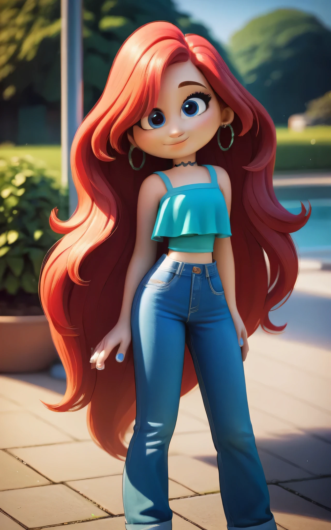 masterpiece, best quality, highly detailed, score_9, score_8_up, score_7_up, score_6_up,source_anime, BREAK, chelsea, 1girl, midriff, upper body, choker, smile, jewelry, very long hair, standing, red hair, earrings, shoes, pants, blue eyes, aqua ruffle crop top, denim, blue nails, jeans, hoop earrings, blue pants, high school park background, looking at viewers, solo, arms at sides