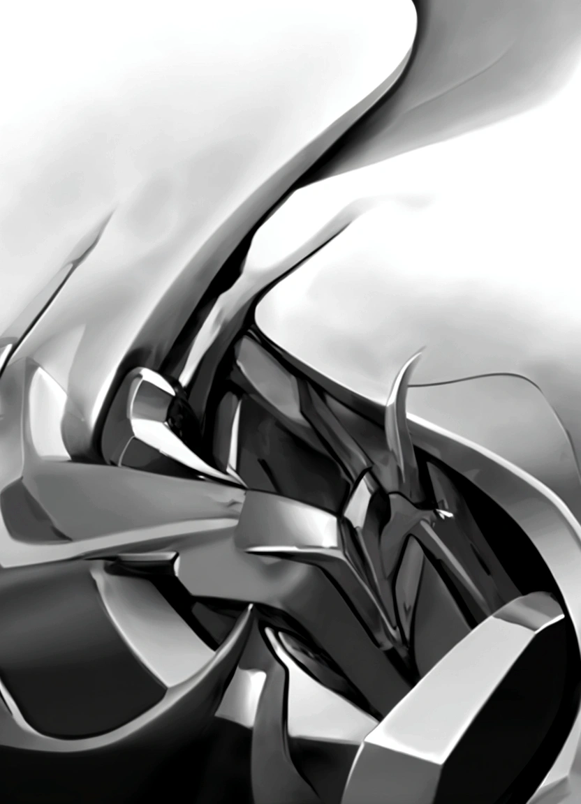 Transform this drawing by applying an extremely realistic chrome effect. Retain all the original shapes and details of the drawing. The chrome should realistically reflect lights and shadows, highlighting the bright and reflective metallic texture. Preserve the sharpness and contour of the drawing while adding the shine and depth of chrome metal." Light and shadow, contrast