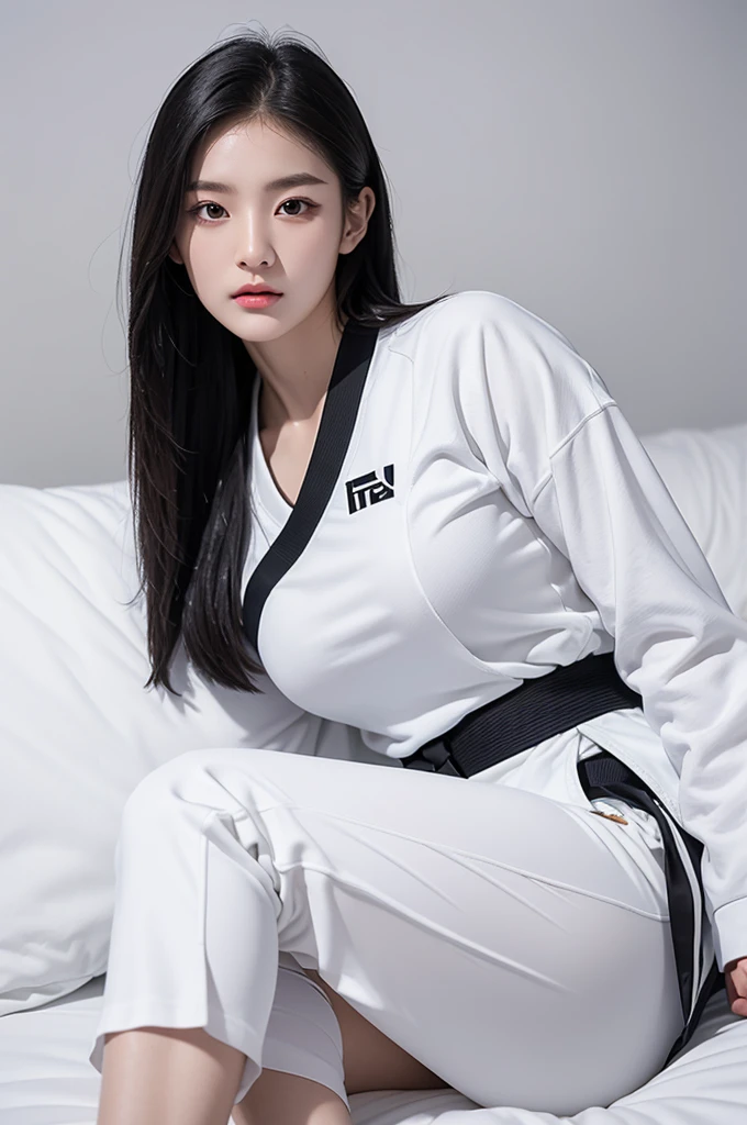 masterpiece, ultra details, best quality, 1 korean taekwondo girl, masterpiece, ultra details, best quality, black long straight hair, wearing sweaty white World Taekwondo Federation dobok uniform with black v-neck, wearing taekwondo blackbelt, wearing white martial arts pants without pockets, large sweaty butt, large breasts, laying on wet hotel bed showing butt, sweat on face
