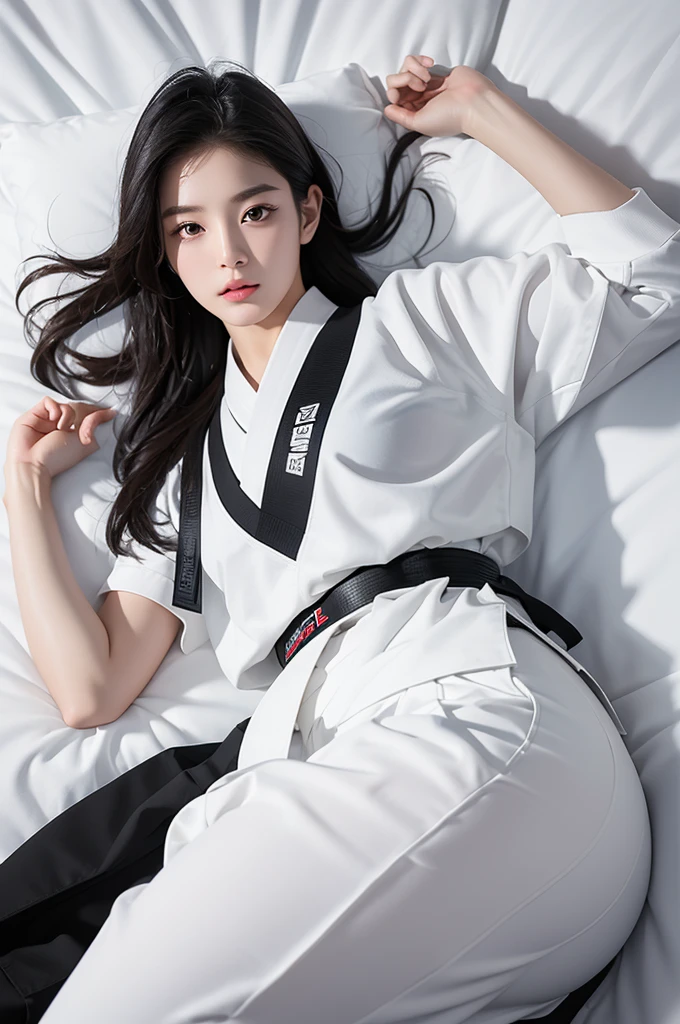 masterpiece, ultra details, best quality, 1 korean taekwondo girl, masterpiece, ultra details, best quality, black long straight hair, wearing sweaty white World Taekwondo Federation dobok uniform with black v-neck, wearing taekwondo blackbelt, wearing white martial arts pants without pockets, large sweaty butt, large breasts, laying on wet hotel bed showing butt, sweat on face