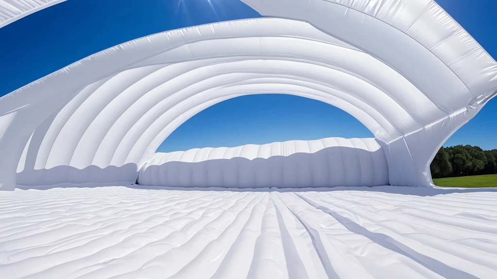 Realistic panorama of a huge inflatable installation in the shape, white inflatable plastic film material, wrapped in a white polyester sheet. close-up， minimalist, surreal, most best quality,32K Ultra HD