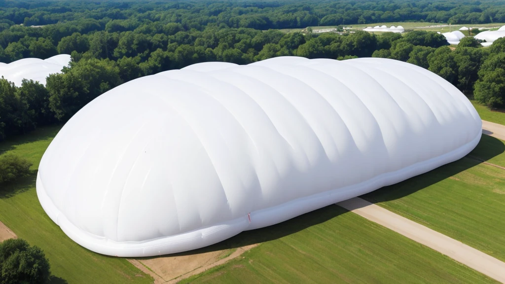Realistic panorama of a huge inflatable installation in the shape, white inflatable plastic film material, wrapped in a white polyester sheet. close-up, minimalist, surreal, most best quality,32K Ultra HD