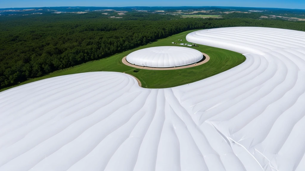 Realistic panorama of a huge inflatable installation in the shape, white inflatable plastic film material, wrapped in a white polyester sheet. close-up， minimalist, surreal, most best quality,32K Ultra HD