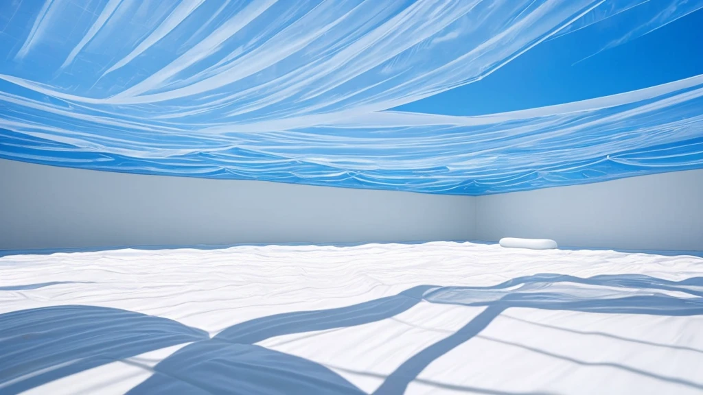 Realistic panorama of a huge inflatable installation in the shape, white inflatable plastic film material, wrapped in a white polyester sheet. close-up, minimalist, surreal, most best quality,32K Ultra HD