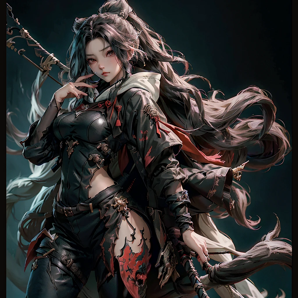 a black overcoat on top of a giant wolf, drawing of a woman with a bow and arrows, hood r, detailed game art illustration, octopath voyager, red and black, clothes, good hips and long legs, female sheriff, high detailed face anime , female thief, Breakdomain artwork in the style of guweiz, girl wearing hoodie, colorful character faces, style of greg simkins, anime still image, bite, streaming on twitch, by Kanō Naizen, art magazine, sharp teeth, ouka_niji 5 + OC, artgerm