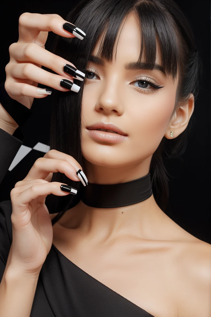 Create nail art in black square shaped nails