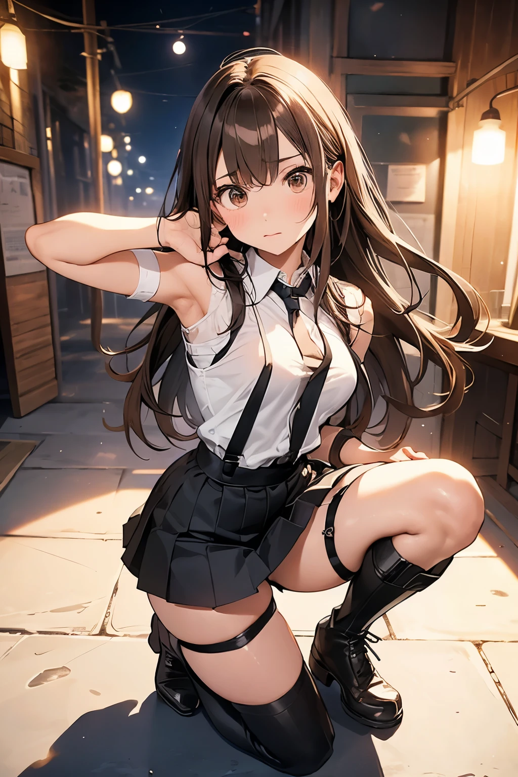 Brown Hair、Looking at the audience suspenders bulging big breasts Black mini skirt garter belt Knee-high socks sight Small face bangs beauty Show your hand sight Black boots Taunt Armpit sweat One person Put your hands behind your back Dress shirt Panty shot