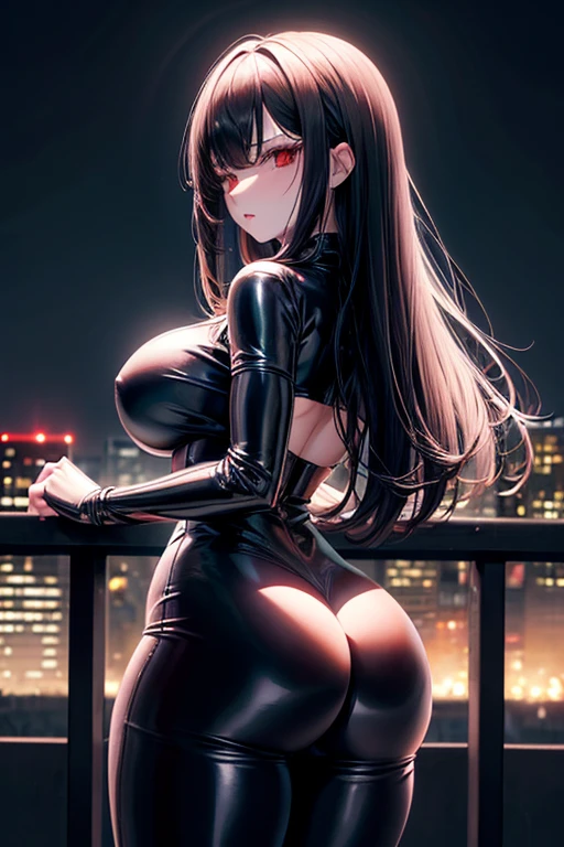 A girl, White skin, long black hair, red eyes, wearing a tight black latex suit, big breasts, City, evening, Moonlight, absurd, high resolution, ultra-sharp, 8k, Masterpiece, view from behind, perfect ass, looking at the viewer