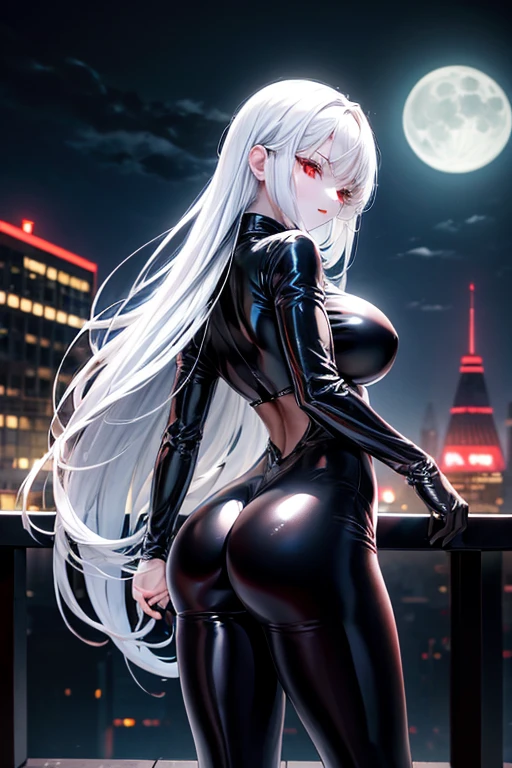 A girl, White skin, long black hair, red eyes, wearing a tight black latex suit, big breasts, City, evening, Moonlight, absurd, high resolution, ultra-sharp, 8k, Masterpiece, view from behind, perfect ass, looking at the viewer
