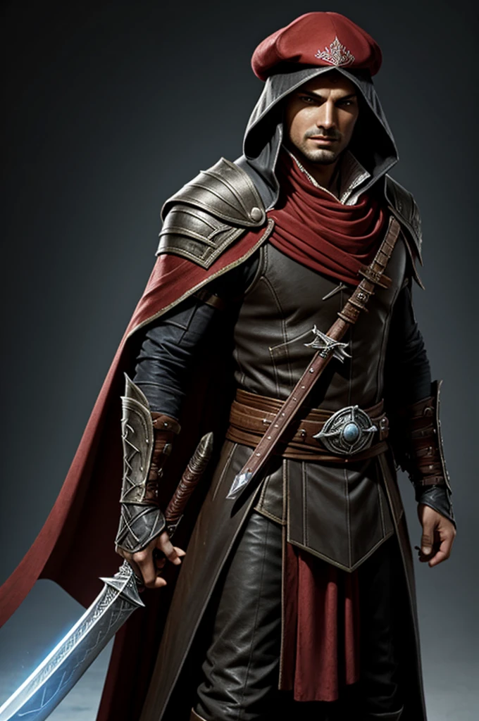 a man in a red hat and a cape holding a sword, RPG concept art character, rpg character concept art, Exquisite and epic character art., video game character art, killer woman, Role-playing character art, wearing leather assassin armor, portrait ezio auditore as a woman, awesome character art, thief warrior, video game character designs, attan raven, Game character concept art