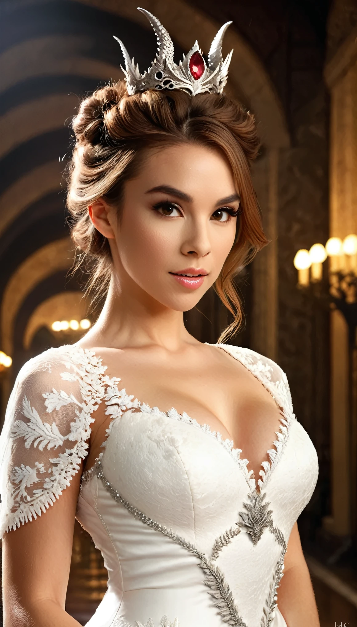 Isabel Merced, bob_cut hair, dressed like a princess, formal white dress, tiara, (skin texture:1.1), (high detail face:1.1), full bodyshot, high detail body, high detail clothes, smiling seductively, (big breasts:1.3),(masterpiece), (realistic), ultra high definition, 4k, ultra high resolution, film grain, cinematic lighting, rim lighting, photo by Arny Freytag, RAW image