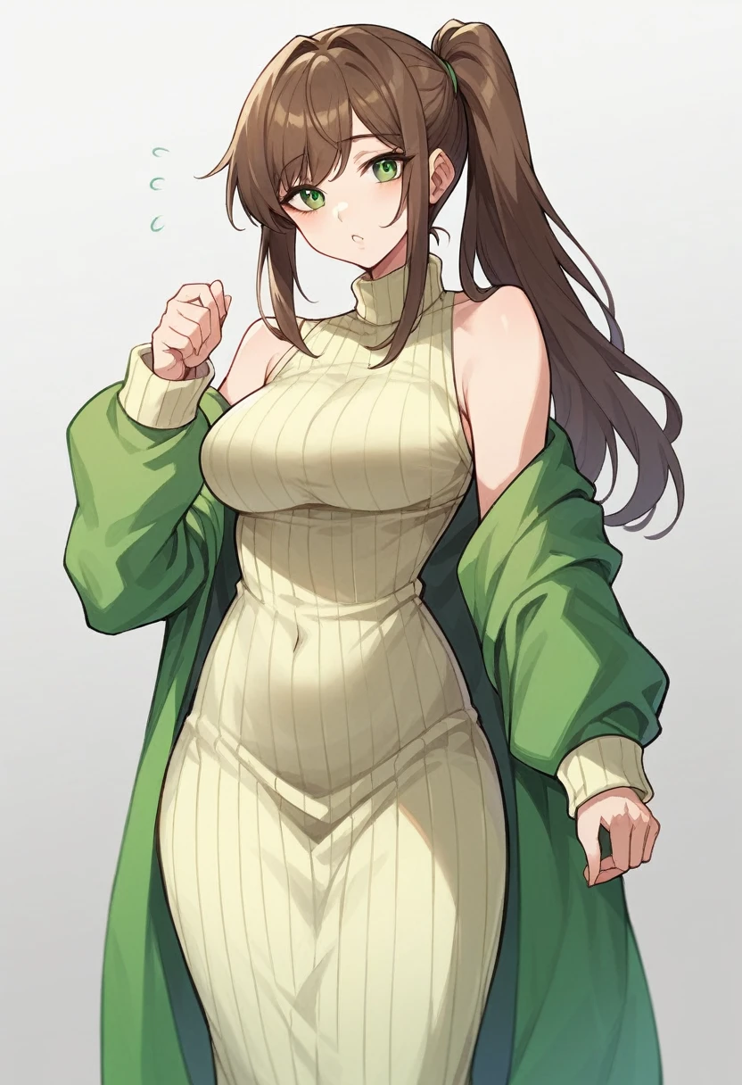 (A tall woman in her 30s,Brown Hair,Hairstyle is long side ponytail,Green Eyes,Medium chest,Wide thighs,Hair grows past the shoulders)Pale yellow vertical sweater,Light green long skirt
