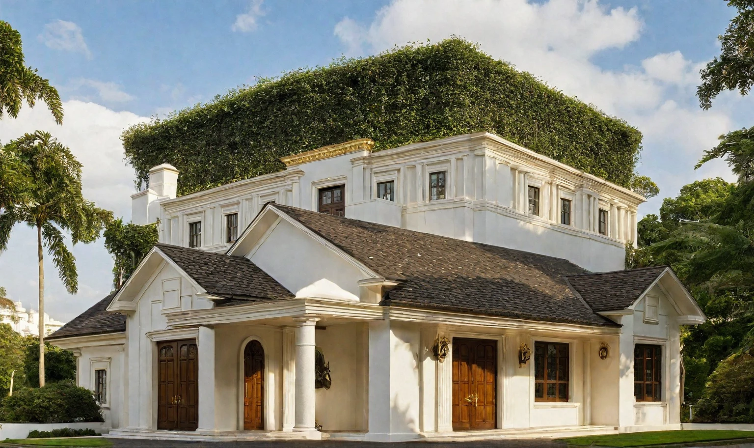 "Neoclassical house exterior, grand columns, ornate moldings, symmetrical facade, large windows, decorative balconies, elegant entrance, double staircase, white and cream colors, gold accents, dark wood, manicured garden, classical statues, lush greenery, cobblestone driveway