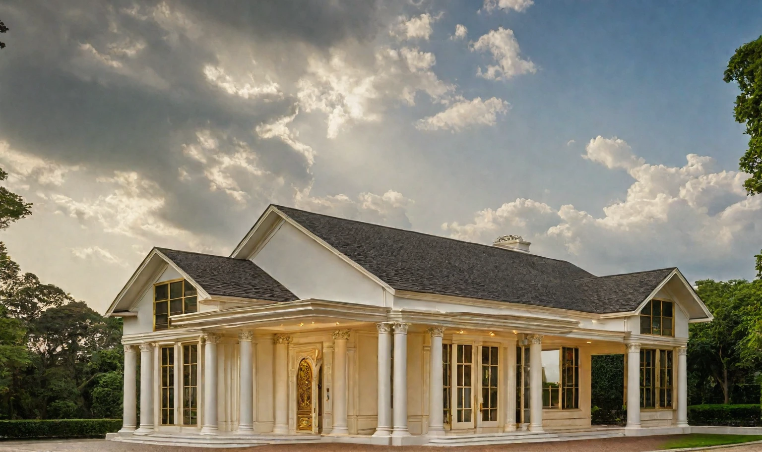 "Neoclassical house exterior, grand columns, ornate moldings, symmetrical facade, large windows, decorative balconies, elegant entrance, double staircase, white and cream colors, gold accents, dark wood, manicured garden, classical statues, lush greenery, cobblestone driveway