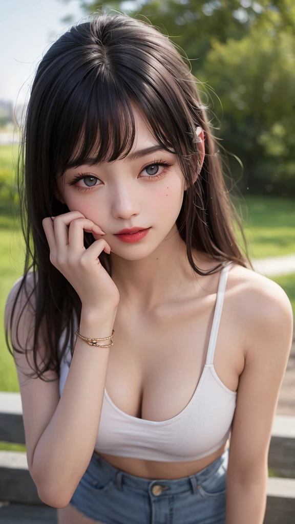 Beauty、 One girl, alone, Long Hair, View your viewers, smile, blue eyes, hair ornaments, White Background, jewelry, Gray Hair, Mouth closed, Blunt bangs, Manicure, bracelet, lips, Grey Eyes, Portraiture, Red nails, close, red lips, put your hand on your face, Put your hand on your cheek,(Mature Woman),(Shiny skin),((Steaming body))(A girl walking in a park after the rain)、whole body、(Wet semi-transparent white cropped T-shirt)Wet tight mini skirt、Pink bra showing through、Slim body、Medium sized breasts、slim female model,((She's wet))(nipple)(ピンク色のnippleが透けている),