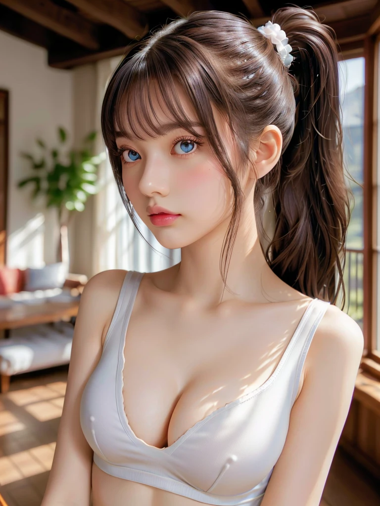 High resolution, masterpiece,Highest quality, Super detailed, (Fine grain), (Detailed face), One girl,figure, Gray Hair, Red eyes, Best details, (Glowing Eyes), Flat-breasted,  Backlight, (abdomen:1.4), light, High Contrast, colorful,room_Idol, (ponytail:1.2),(Happy:1.2),View your viewers,Upper Body,(White shirt:1.3),(),(Hair Clip:1.2)