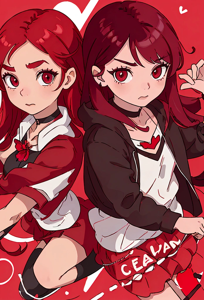 a with a red skirt and a black skirt that is under the red shirt . red stockings . red zip up hoodie, black shirt underneath with short sleeves and ,red hair, long hair and a flower with a ribbon on the bottom on the side on the hair and red eyes has a black Choker , and a small heart red necklace , full body has a ribbon bow waistband , 