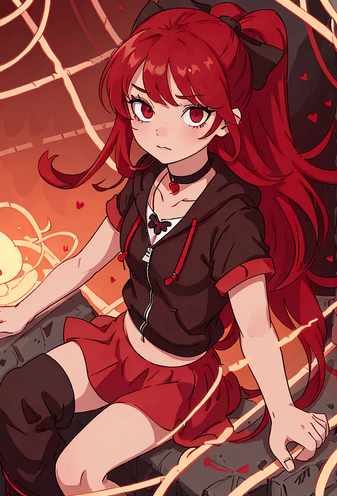 a with a red skirt and a black skirt that is under the red shirt . red stockings . red zip up hoodie, black shirt underneath with short sleeves and ,red hair, long hair and a flower with a ribbon on the bottom on the side on the hair and red eyes has a black Choker , and a small heart red necklace , full body has a ribbon bow waistband ,