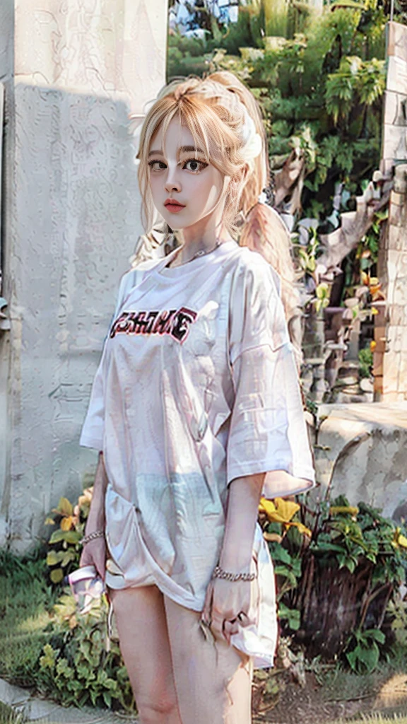 Cute face, brick orange lips, Not wearing pants, (((white oversized shirt))) thigh gap. ((Sports shirt)). gorgeous, girl, blonde ponytail, western movie, hot girl, happy, (masterpiece), best quality, high resolution, very detailed, blurred background, depth of field, light movies, , exposed, thin, , blog, jogging, cleavage