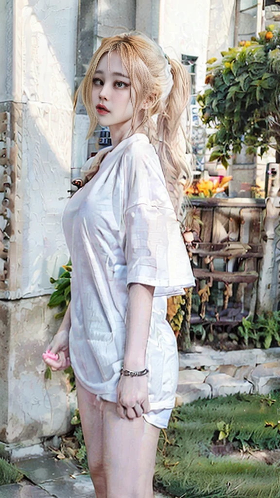 Cute face, brick orange lips, Not wearing pants, (((white oversized shirt))) thigh gap. ((Sports shirt)). gorgeous, girl, blonde ponytail, western movie, hot girl, happy, (masterpiece), best quality, high resolution, very detailed, blurred background, depth of field, light movies, , exposed, thin, , blog, jogging, cleavage