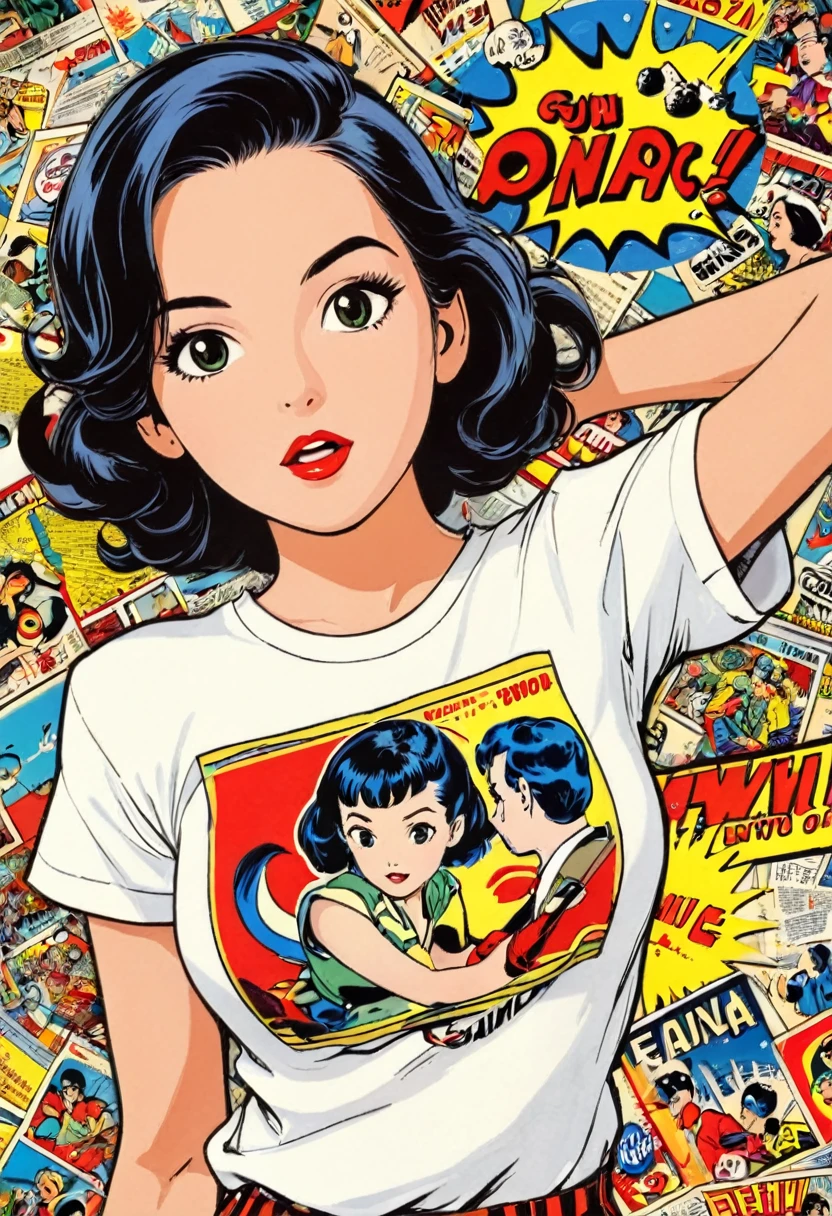 young girl,t- shirt,white,Art,retro style,comic collage