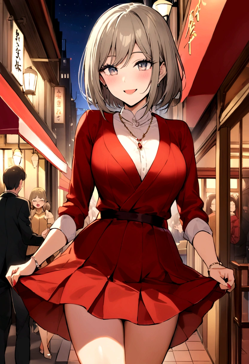 Shinjuku Kabukicho　Beauty　She lifts her skirt to show her red underwear and smiles.　There are many people walking in the background　night　Most restaurants