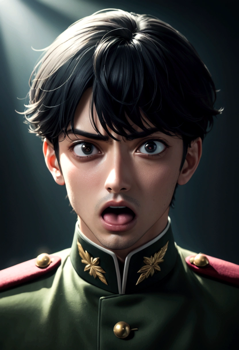 One cool guy、Mouth open、Frustrated expression、Green military uniform、Black Hair、Dark Eyes